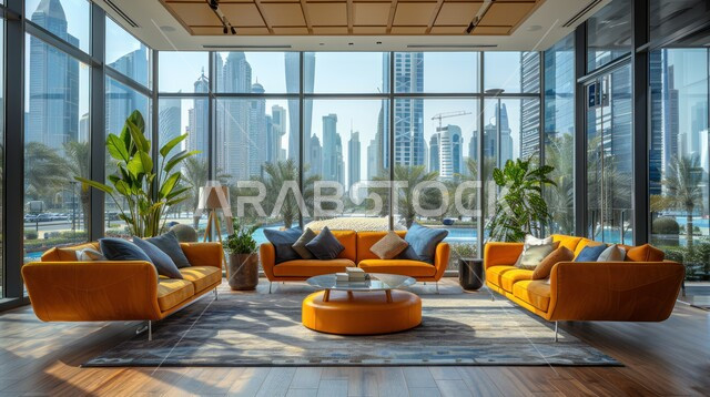 High-end interior decorations for villas and residential apartments in Saudi Arabia, huge glass facades overlooking the city, living room with luxurious home furniture, modern accessories and antiques, elegant designs for comfortable living rooms in modern style