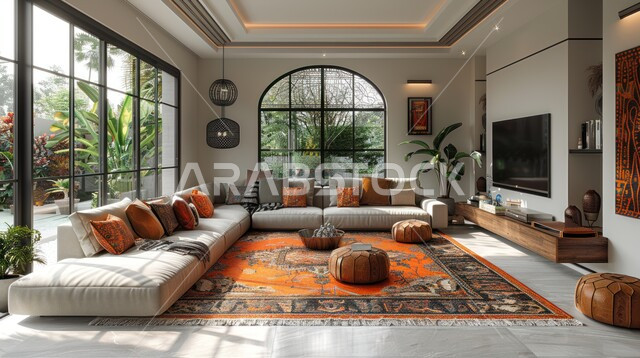 واجهة زجاجية مطلة على الطبيعة الخضراء، ديكورات الشقق السكنية في المملكة العربية السعودية، شاشة وأثاث منزلي راقي بألوان زاهية ومريحة، غرفة معيشة على الطراز العصري الحديث، تصميم داخلي فاخر لغرف الجلوس