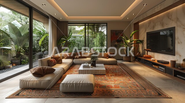 تصميم داخلي فاخر لغرف الجلوس، واجهة زجاجية مطلة على الطبيعة الخضراء، ديكورات الشقق السكنية في المملكة العربية السعودية، شاشة وأثاث منزلي راقي بألوان زاهية ومريحة، غرفة معيشة على الطراز العصري الحديث
