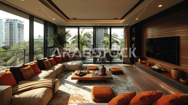 غرفة معيشة على الطراز العصري الحديث، تصميم داخلي فاخر لغرف الجلوس، واجهة زجاجية مطلة على الطبيعة الخضراء، ديكورات الشقق السكنية في المملكة العربية السعودية، شاشة وأثاث منزلي راقي بألوان زاهية ومريحة 