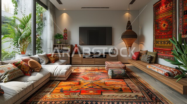 النوافذ والواجهات الزجاجية المطلة على الطبيعة الخارجية، التصاميم الداخلية لغرف الجلوس على الطراز الحديث، غرفة معيشة مع أثاث منزلي فاخر، ديكور داخلي راقي للفلل والشقق السكنية في المملكة العربية السعودية