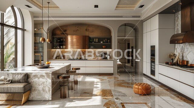Using high-end marble in kitchen design, interior designs for villas and residential apartments, glass facades and windows overlooking nature, modern distinctive architectural arts, modern decorations for luxury kitchens in the Kingdom of Saudi Arabia