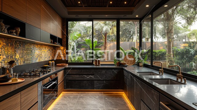 التصاميم الداخلية للفلل والشقق السكنية، الديكورات العصرية للمطابخ الفاخرة في المملكة العربية السعودية، الواجهات والنوافذ الزجاجية المطلة على الطبيعة، مطبخ راقي بخزائن خشبية وسوداء، فنون الهندسة المعمارية المتميزة الحديثة