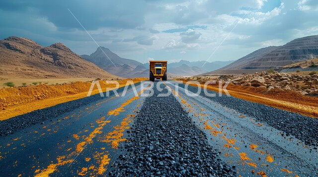 تعبيد الشوارع الرئيسية، مفهوم الهندسة والبناء والتحسين، الأعمال الإنشائية وتطوير المدن في المملكة العربية السعودية، مد الاسفلت بشكل مستوي في الطرقات باستخدام الآلات الثقيلة والجرارات، التقدم الحضاري والعمراني