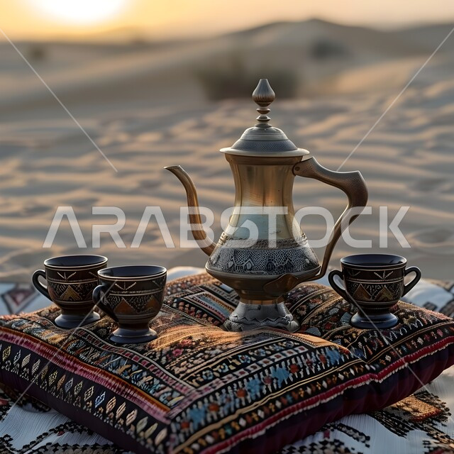 الاستمتاع بالمشروبات الساخنة، صورة مقربة لابريق مجموعة من الفناجين المزينة بزخارف ارابيسك التقليدية الملونة في الصحراء، العادات القديمة في تقديم الشاي، حسن الضيافه وكرم الإستقبال في المملكة العربية السعودية، الطبيعة والرمال الذهبية