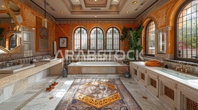 الفن الهندسي المعماري للفلل والمنازل الراقية، الحمام الداخلي الحديث بألوان هادئة ومتناسقة، ديكورات وتصاميم داخلية للحمامات وأحواض الاستحمام في الشقق السياحية، ديزاينات رخامية فاخرة لحمام في أحد المباني السكنيه