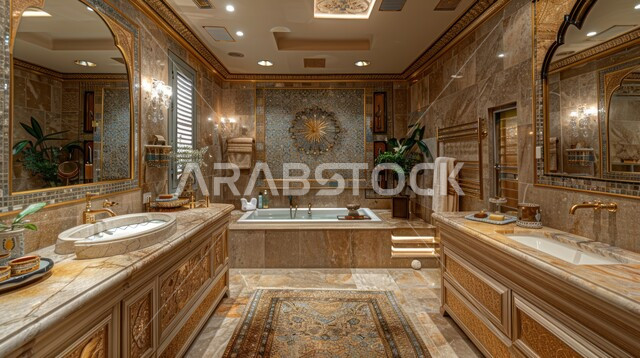 الفن الهندسي المعماري للفلل والمنازل الراقية، الحمام الداخلي الحديث بألوان هادئة ومتناسقة، ديكورات وتصاميم داخلية للحمامات وأحواض الاستحمام في الشقق السياحية، ديزاينات رخامية فاخرة لحمام في أحد المباني السكنيه