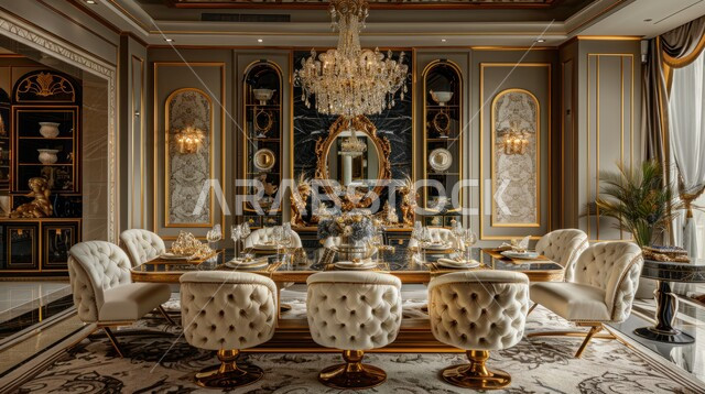 ديكورات منزلية داخلية حديثة لغرف الاكل، شقق وفلل سكنية في المملكة العربية السعودية، واجهات زجاجية كبيرة مطلة على المدينة، الفنون الهندسية في تصميم طاولة طعام ضخمة، استخدام الطراز الفني الانيق في الاثاث المنزلي، غرفة سفرة بتصاميم راقية