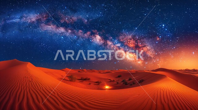 مشهد لمجرة درب التبانة في سماء السعوديه المرصعة بالنجوم اللامعة, الكثبان الرملية الذهبية، جبال ومرتفعات المملكة العربية السعودية في الليل، التضاريس والبيئة الصحراوية في الصحراء العربية، خلفية الطبيعة