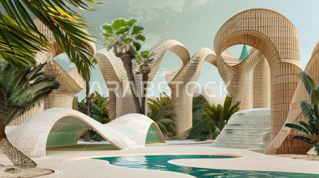 تصميم منحوتات خشبية بشكل منحني متموج أمام جارية ماء، فن تشييد المنشآت الحديثة الفريدة, عرض التصاميم الهندسية للحدائق والمنتجعات, منتزهات طبيعية وفنادق بأشكال مميزة, النهضة العمرانية الكبيرة في المملكة, النمو والتطور في مجال البناء والإنشاءات في السعودية
