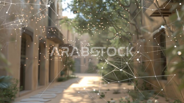 شبكة من العقد بتقنية الهولوجرام في مكان طبيعي بالخارج، تطوير تقنيات الذكاء الاصطناعي، التحول الرقمي والتقدم التقني، استخدام شبكات الاتصالات المتطورة بخلفية المنازل الطينية المبنية على الطراز القديم، النمو التكنولوجي الالكتروني