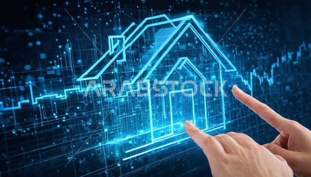 اعتماد الآليات و الذكاء الاصطناعي في الهندسة المعمارية, تشغيل خط الإنتاج بإستخدام جهاز الحاسوب, استخدام الأجهزة التقنية الحديثة, تحقيق الثورة الصناعية وكفاءة الإنتاج و التصنيع,  صورة مقربة ليد تقوم برسم منزل باستخدام الكومبيوتر 