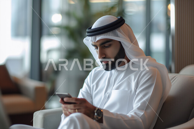 دمج التقنيات الحديثة والأجهزة المتطورة في العمل، صورة مقربة لرجل عربي خليجي سعودي مبتسم يرتدي الثوب التقليدي والشماغ جالس في مكتبه يقوم باستخدام الموبايل، الدردشة والتواصل مع الأهل والأصدقاء والاقارب 