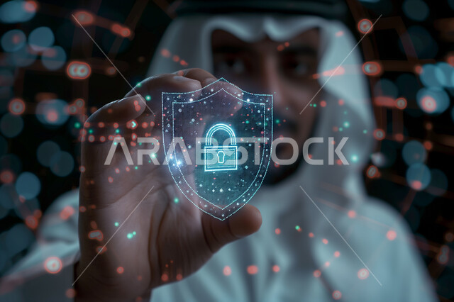 Data and information storage, artificial intelligence and digital development, cyber security and computing system, digital technology development, advanced future technology, close-up of a Saudi Arabian man's hand holding a luminous security lock icon using 3D hologram feature