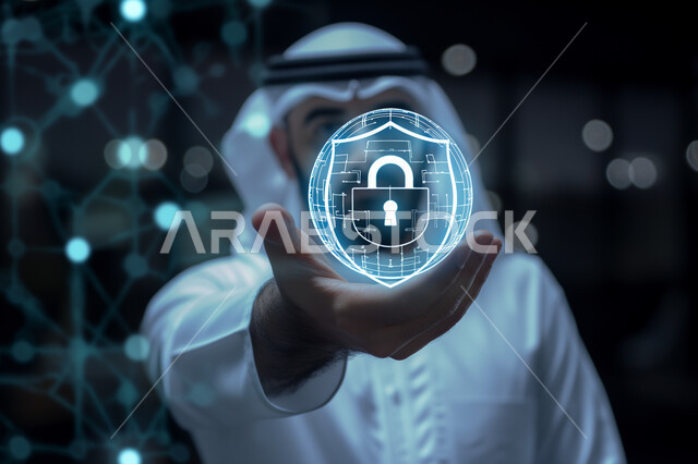 Data and information storage, artificial intelligence and digital development, cyber security and computing system, digital technology development, advanced future technology, close-up of a Saudi Arabian man's hand holding a luminous security lock icon using 3D hologram feature