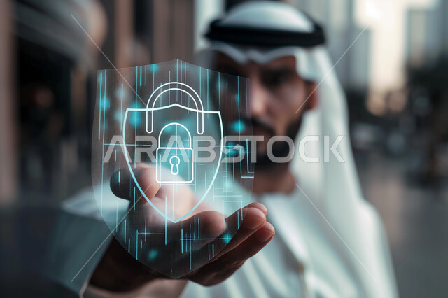 Data and information storage, artificial intelligence and digital development, cyber security and computing system, digital technology development, advanced future technology, close-up of a Saudi Arabian man's hand holding a luminous security lock icon using 3D hologram feature