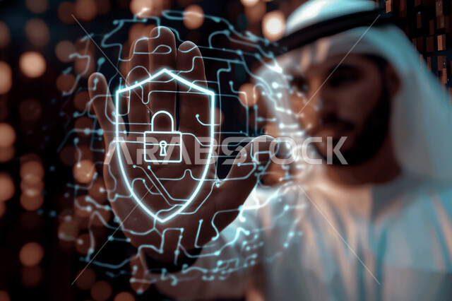 نظام الأمن السيبراني والحوسبة، تخزين البيانات والمعلومات، الذكاء الاصطناعي والتطوير الرقمي، تطوير التكنولوجيا الرقمية، تكنولوجيا المستقبل المتقدم، صورة مقربة ليد رجل عربي  سعودي يقوم بالاشارة لأيقونة قفل الأمان المضيئة باستخدام خاصية الهولوجرام ثلاثي الأبعاد