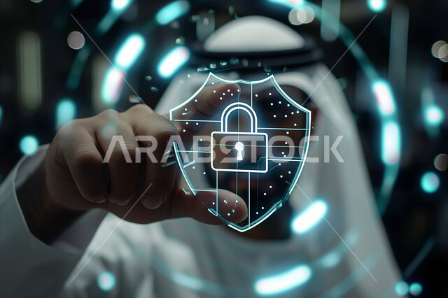 نظام الأمن السيبراني والحوسبة، تخزين البيانات والمعلومات، الذكاء الاصطناعي والتطوير الرقمي، تطوير التكنولوجيا الرقمية، تكنولوجيا المستقبل المتقدم، صورة مقربة ليد رجل عربي  سعودي يقوم بالاشارة لأيقونة قفل الأمان المضيئة باستخدام خاصية الهولوجرام ثلاثي الأبعاد