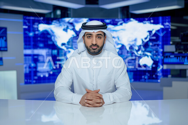 تقديم الأخبار السعودية والعالمية ومستجداتها، وسائل الإعلام التلفزيونية، دمج البيئة العملية مع التقنية والتكنولوجيا، مذيع عربي سعودي يرتدي الثوب التقليدي والشماغ ينظر إلى الكاميرا بإيماءات أيدي متشابكة، خلفية شاشة الكترونية حديثة للنشرة الأخبارية حول العالم