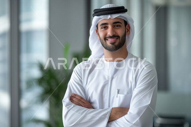 صورة شخصية للوثائق الرسمية، العناية بالمظهر الخارجي، صورة مقربة لشاب عربي إماراتي خليجي وسيم يرتدي الكندورة والغترة ينظر الى الكاميرا بابتسامة، ايماءات السرور و الثقة بالنفس، مفهوم الأناقة والاهتمام بالنفس