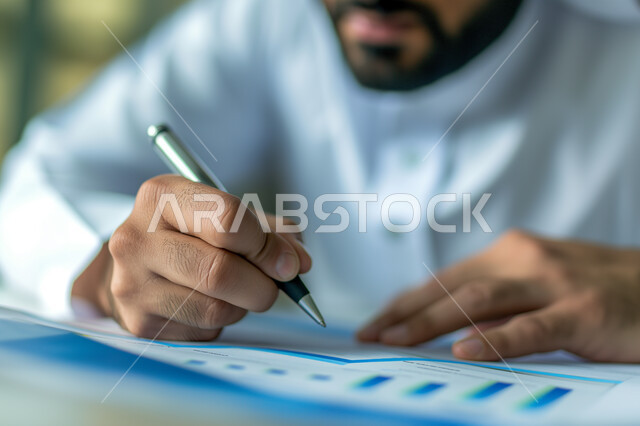 The concept of accuracy and focus in completing transactions, achieving the company's financial goals, a close-up image of a Saudi Arabian Gulf businessman studying profits, collecting stock market and stock exchange data, studying and analyzing statistics and charts, integrating technology with work.
