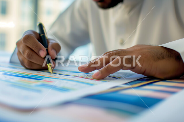 The concept of accuracy and focus in completing transactions, achieving the company's financial goals, a close-up image of a Saudi Arabian Gulf businessman studying profits, collecting stock market and stock exchange data, studying and analyzing statistics and charts, integrating technology with work.