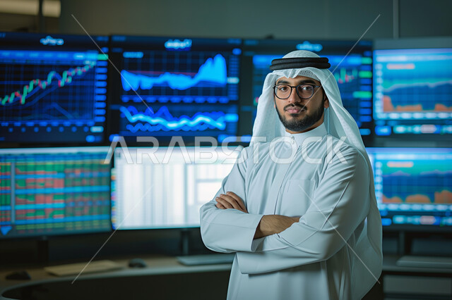 إيماءات الثقة بالنفس، الاهتمام بالمظهر الخارجي، مفهوم والاناقة والرتابة، بورتريه لرجل أعمال عربي سعودي خليجي يرتدي الدشداشة والشماغ يقف باستقامة وينظر إلى الكاميرا ، مهن ووظائف مكتبية في المملكة العربية السعودية 