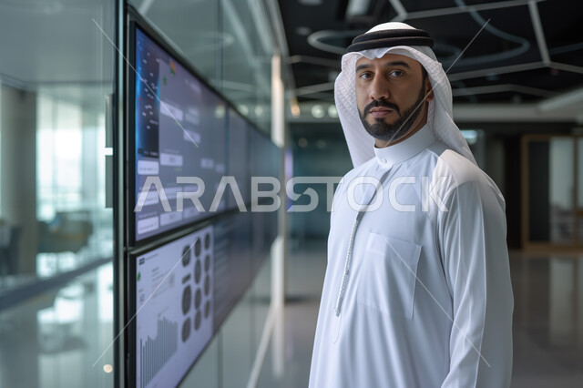 إيماءات الثقة بالنفس، الاهتمام بالمظهر الخارجي، مفهوم والاناقة والرتابة، بورتريه لرجل أعمال عربي سعودي خليجي يرتدي الدشداشة والشماغ يقف باستقامة وينظر إلى الكاميرا ، مهن ووظائف مكتبية في المملكة العربية السعودية 