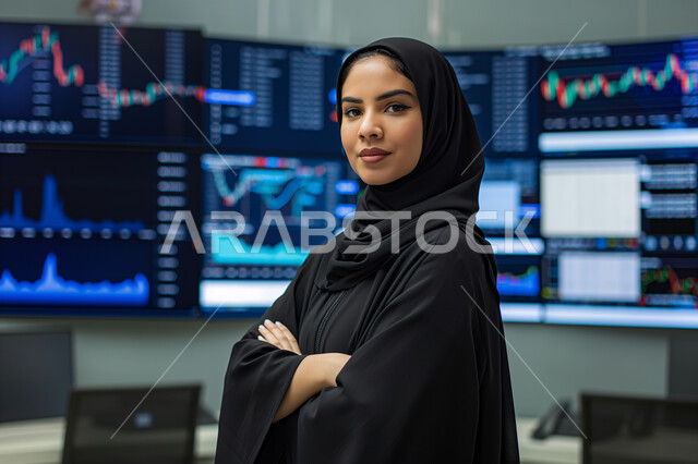 إيماءات الثقة بالنفس، الاهتمام بالمظهر الخارجي، مفهوم الانوثة والاناقة والنعومة، بورتريه لإمرأة عربية سعودية خليجية مبتسمة محجبة ترتدي العباءة السوداء تقف باستقامة وتنظر إلى كاميرا بحركات أيدي متقاطعة، مهن ووظائف نسائية في المملكة العربية السعودية 