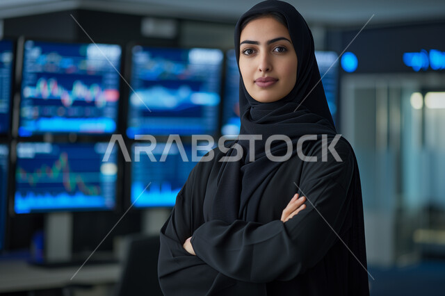 Gestures of self-confidence, interest in appearance, concept of femininity, elegance and softness, portrait of a smiling veiled Saudi Arabian Gulf woman wearing a black abaya standing straight and looking at the camera with crossed hand gestures, women's professions and jobs in the Kingdom of Saudi Arabia