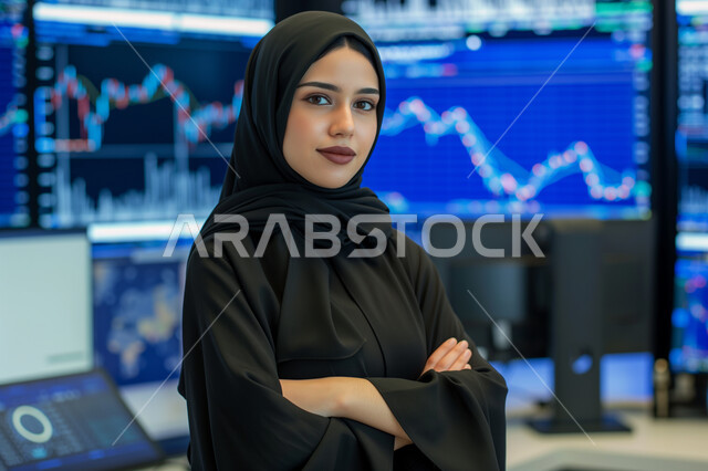 إيماءات الثقة بالنفس، الاهتمام بالمظهر الخارجي، مفهوم الانوثة والاناقة والنعومة، بورتريه لإمرأة عربية سعودية خليجية مبتسمة محجبة ترتدي العباءة السوداء تقف باستقامة وتنظر إلى كاميرا بحركات أيدي متقاطعة، مهن ووظائف نسائية في المملكة العربية السعودية 