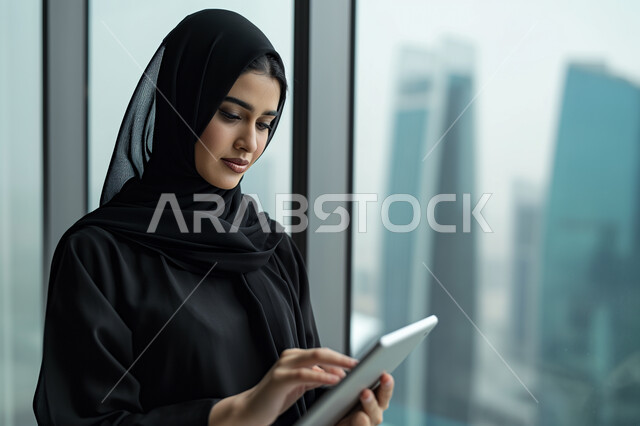 مفهوم إدارة المشاريع عن بعد, بورتريه لإمرأة عربية خليجية سعودية محجبة ترتدي عباءة سوداء تقف مقابل واجهة زجاجية مطلة على المدينة تقوم بانجاز مهام العمل عبر جهاز التابلت, إستخدام اجهزة تقنية حديثة للعمل، التسوق الإلكتروني الآمن