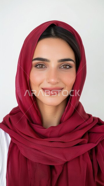 الاهتمام بالمظهر الخارجي و الأناقة, تصاميم أزياء للمحجبات عصرية حديثة، بوتريه مقرب لامرأة عربية خليجية سعودية مبتسمة ترتدي الحجاب تنظر إلى الكاميرا بإيماءات السعادة و السرور,  مفهوم الثقة بالنفس, خلفية رمادية