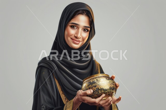 النظر إلى الكاميرا بإيماءات السعادة و السرور, الاهتمام بالمظهر الخارجي و الأناقة، بوتريه مقرب لامرأة عربية خليجية سعودية مبتسمة محجبة ترتدي عباءة سوداء تمسك بيدها وعاء معدني,  مفهوم الثقة بالنفس, تصاميم أزياء للمحجبات عصرية حديثة, خلفية رمادية