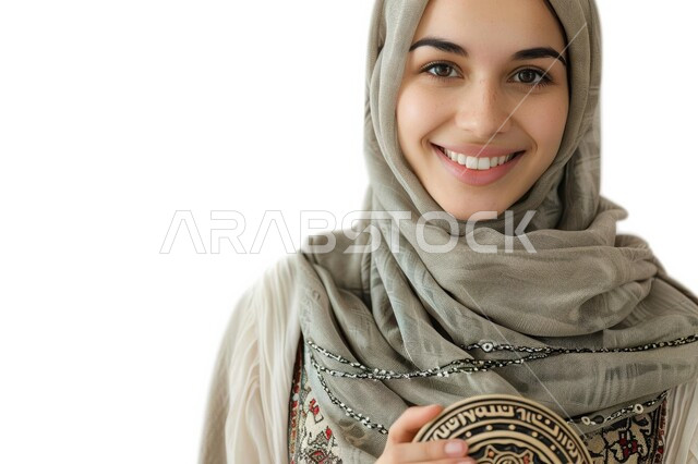 تصاميم أزياء للمحجبات عصرية حديثة، الاهتمام بالمظهر الخارجي و الأناقة، بوتريه مقرب لامرأة عربية خليجية سعودية مبتسمة ترتدي الحجاب تنظر إلى الكاميرا بإيماءات السعادة و السرور,  مفهوم الثقة بالنفس, خلفية بيضاء
