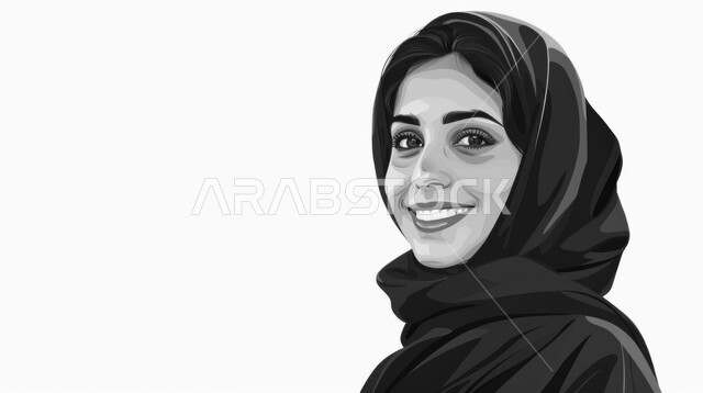 تعابير الثقة بالنفس, مفهوم الأناقة و الاهتمام بالمظهر الخارجي، بوتريه مقرب بالأبيض و الأسود لامرأة عربية خليجية سعودية مبتسمة محجبة ترتدي عباءة سوداء تنظر إلى الكاميرا بإيماءات السعادة و السرور, تصاميم أزياء للمحجبات عصرية حديثة, خلفية بيضاء