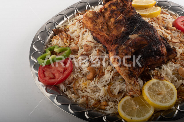 طبق أرز شعبي مع الدجاج المظبي مجهز في المطبخ السعودي ، أرز بني مع الدجاج المزين بالشعرية ، طبق سعودي تقليدي ، مطبخ سعودي تقليدي جاهز ، خلفية بيضاء