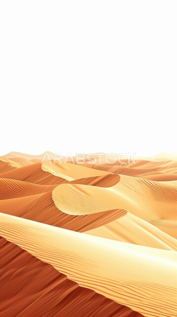 منظر الرمال الذهبية في الصحاري, تشكل التلال و كثبان الرمل الكثيفة, رسم توضيحي ثلاثي الأبعاد للبيئة الجافة والتضاريس الرملية, الطبيعة الصحراوية في المملكة العربية السعودية
