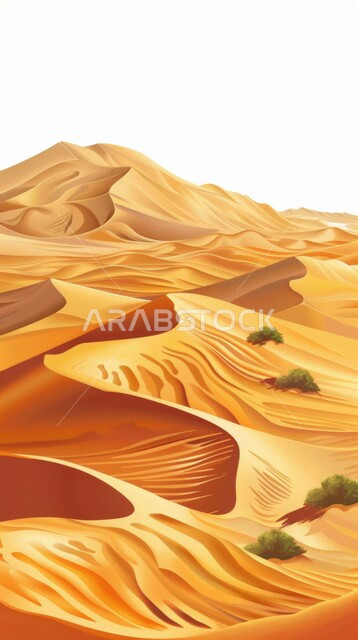 رسم توضيحي ثلاثي الأبعاد للبيئة الجافة والتضاريس الرملية, الطبيعة الصحراوية في المملكة العربية السعودية, منظر الرمال الذهبية في الصحاري, تشكل التلال و كثبان الرمل الكثيفة