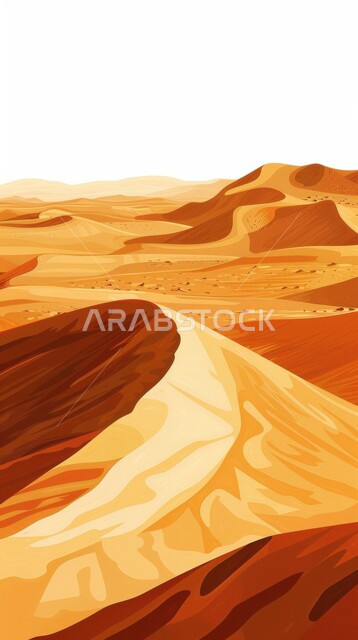 منظر الرمال الذهبية في الصحاري, تشكل التلال و كثبان الرمل الكثيفة, رسم توضيحي ثلاثي الأبعاد للبيئة الجافة والتضاريس الرملية, الطبيعة الصحراوية في المملكة العربية السعودية
