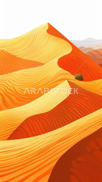 رسم توضيحي ثلاثي الأبعاد للبيئة الجافة والتضاريس الرملية, الطبيعة الصحراوية في المملكة العربية السعودية, منظر الرمال الذهبية في الصحاري, تشكل التلال و كثبان الرمل الكثيفة