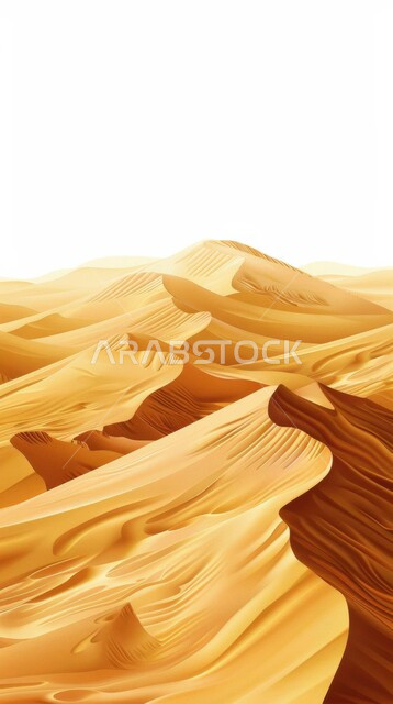 تشكل التلال و كثبان الرمل الكثيفة,  رسم توضيحي ثلاثي الأبعاد للبيئة الجافة والتضاريس الرملية, الطبيعة الصحراوية في المملكة العربية السعودية, منظر الرمال الذهبية في الصحاري