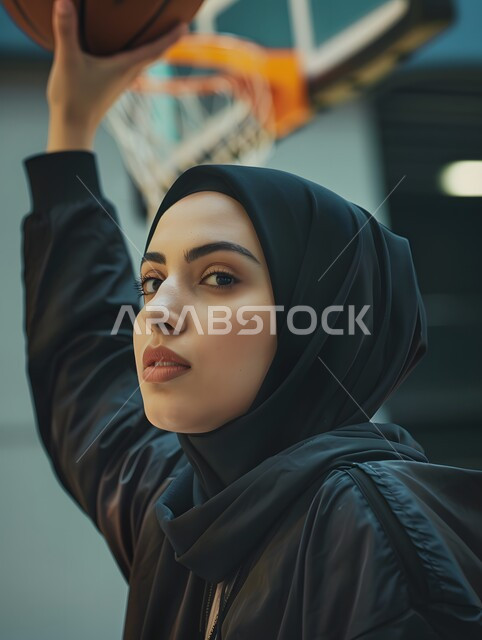 التدرب على إتقان لعب كرة السلة، الاستعداد لتصويب الهدف، إجراء تمرينات رياضية، المحافظة على اللياقة البدنية، أنشطة ترفيهية ورياضات نسائية، بورتريه للاعبة عربية خليجية سعودية محجبة ترتدي ملابس رياضية، أسلوب الحياة الصحية