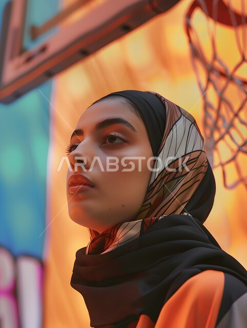 Basketball practice, preparing to shoot, doing exercises, maintaining physical fitness, recreational activities and women's sports, portrait of a veiled Saudi Arabian Gulf female player wearing sportswear, healthy lifestyle