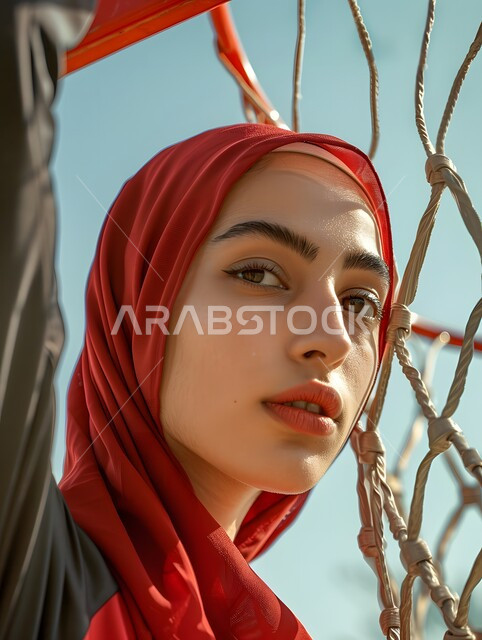 Basketball practice, preparing to shoot, doing exercises, maintaining physical fitness, recreational activities and women's sports, portrait of a veiled Saudi Arabian Gulf female player wearing sportswear, healthy lifestyle
