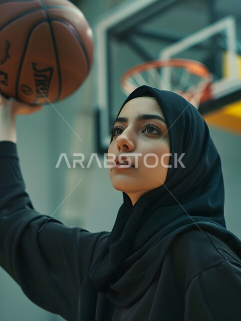 التدرب على إتقان لعب كرة السلة، الاستعداد لتصويب الهدف، إجراء تمرينات رياضية، المحافظة على اللياقة البدنية، أنشطة ترفيهية ورياضات نسائية، بورتريه للاعبة عربية خليجية سعودية محجبة ترتدي ملابس رياضية، أسلوب الحياة الصحية