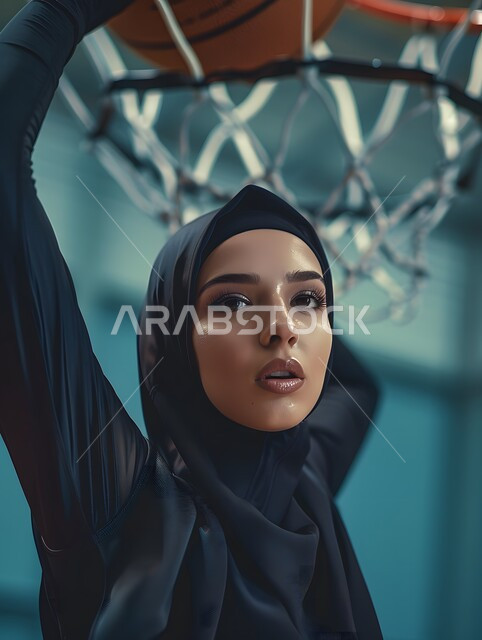 التدرب على إتقان لعب كرة السلة، الاستعداد لتصويب الهدف، إجراء تمرينات رياضية، المحافظة على اللياقة البدنية، أنشطة ترفيهية ورياضات نسائية، بورتريه للاعبة عربية خليجية سعودية محجبة ترتدي ملابس رياضية، أسلوب الحياة الصحية