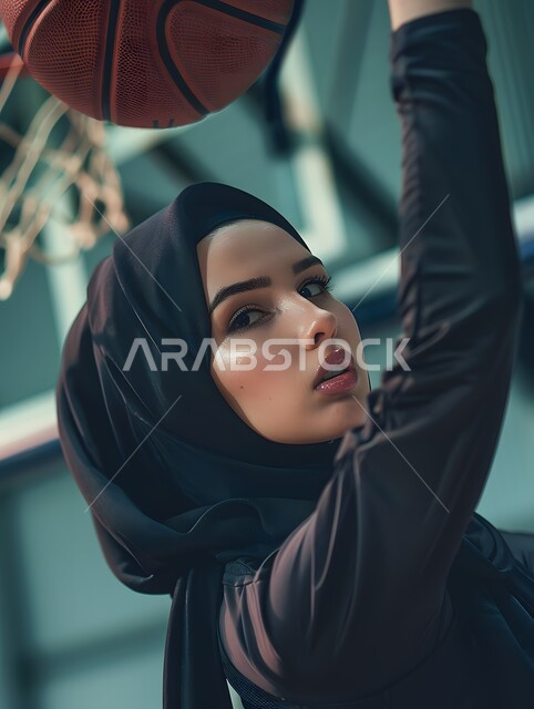 التدرب على إتقان لعب كرة السلة، الاستعداد لتصويب الهدف، إجراء تمرينات رياضية، المحافظة على اللياقة البدنية، أنشطة ترفيهية ورياضات نسائية، بورتريه للاعبة عربية خليجية سعودية محجبة ترتدي ملابس رياضية، أسلوب الحياة الصحية