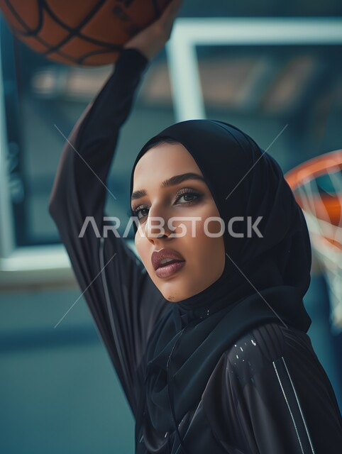 التدرب على إتقان لعب كرة السلة، الاستعداد لتصويب الهدف، إجراء تمرينات رياضية، المحافظة على اللياقة البدنية، أنشطة ترفيهية ورياضات نسائية، بورتريه للاعبة عربية خليجية سعودية محجبة ترتدي ملابس رياضية، أسلوب الحياة الصحية