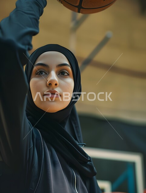 التدرب على إتقان لعب كرة السلة، الاستعداد لتصويب الهدف، إجراء تمرينات رياضية، المحافظة على اللياقة البدنية، أنشطة ترفيهية ورياضات نسائية، بورتريه للاعبة عربية خليجية سعودية محجبة ترتدي ملابس رياضية، أسلوب الحياة الصحية